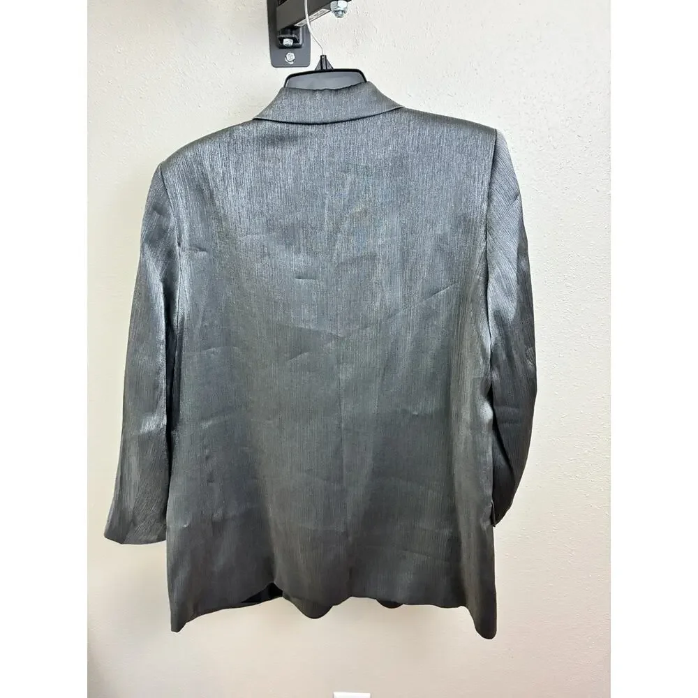 Zara Womens Blazer XL Textured Button Collar Shiny Metallic Party Silver